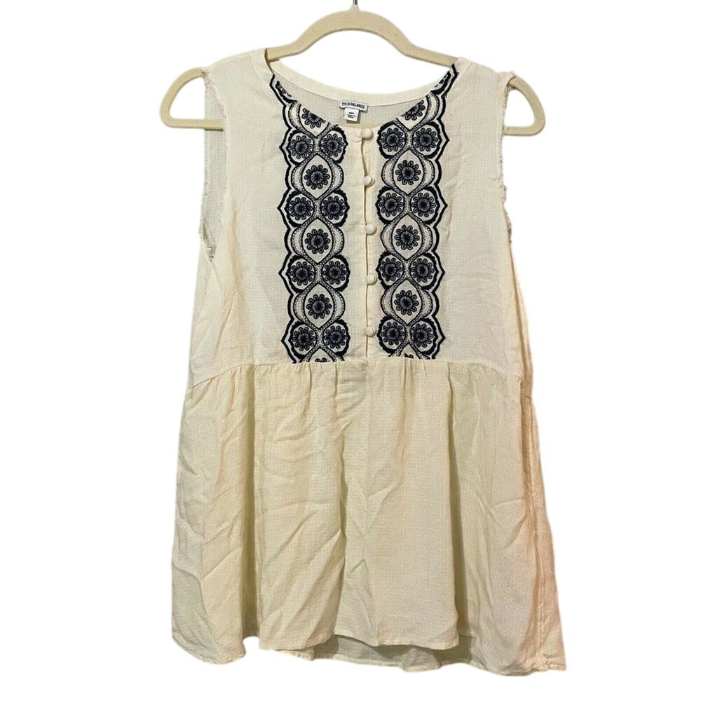 True Religion Boho Cream Sleeveless Round Neck Embroidered Tunic Blouse Sz S